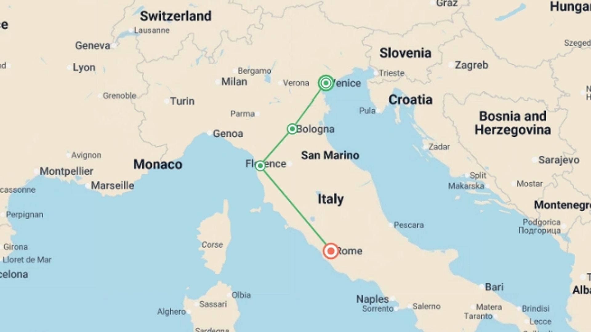 A map showing the tour itinerary for the trip: Venice to Rome by Rail, starting in Venice, Italy and ending in Rome, Italy going through 4 other destinations.