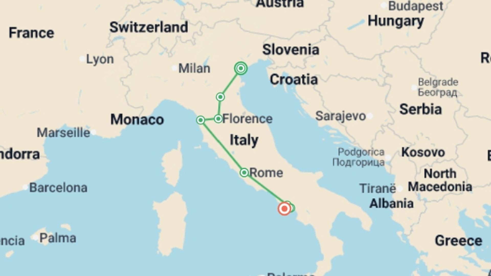 A map showing the tour itinerary for the trip: Venice to Rome by Rail + Sorrento and the Amalfi Coast, starting in Venice, Italy and ending in Sorrento, Italy going through 7 other destinations.