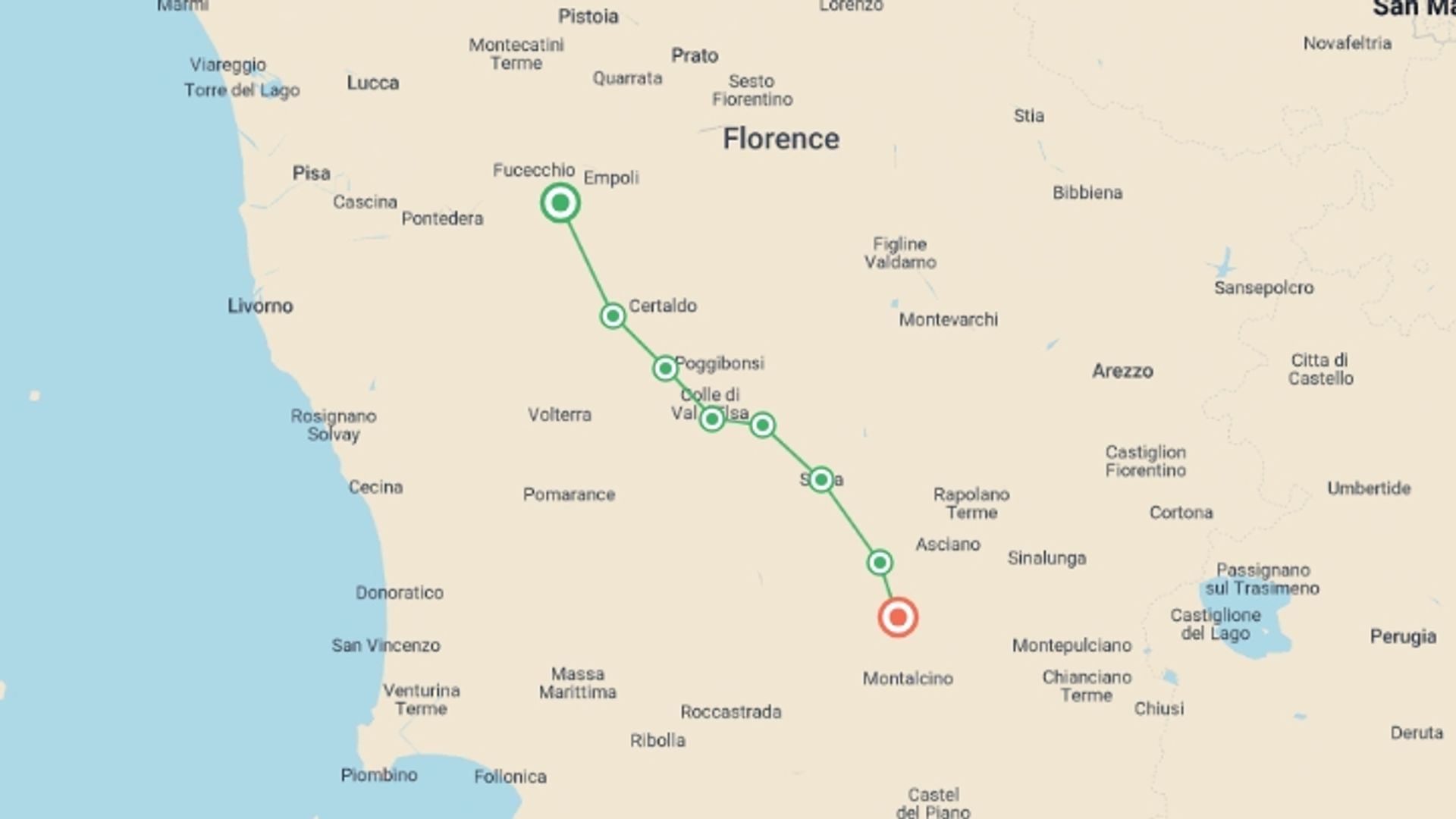 A map showing the tour itinerary for the trip: Via Francigena: Best of Tuscany, starting in San Miniato Alto, Italy and ending in Buonconvento, Italy going through 5 other destinations.