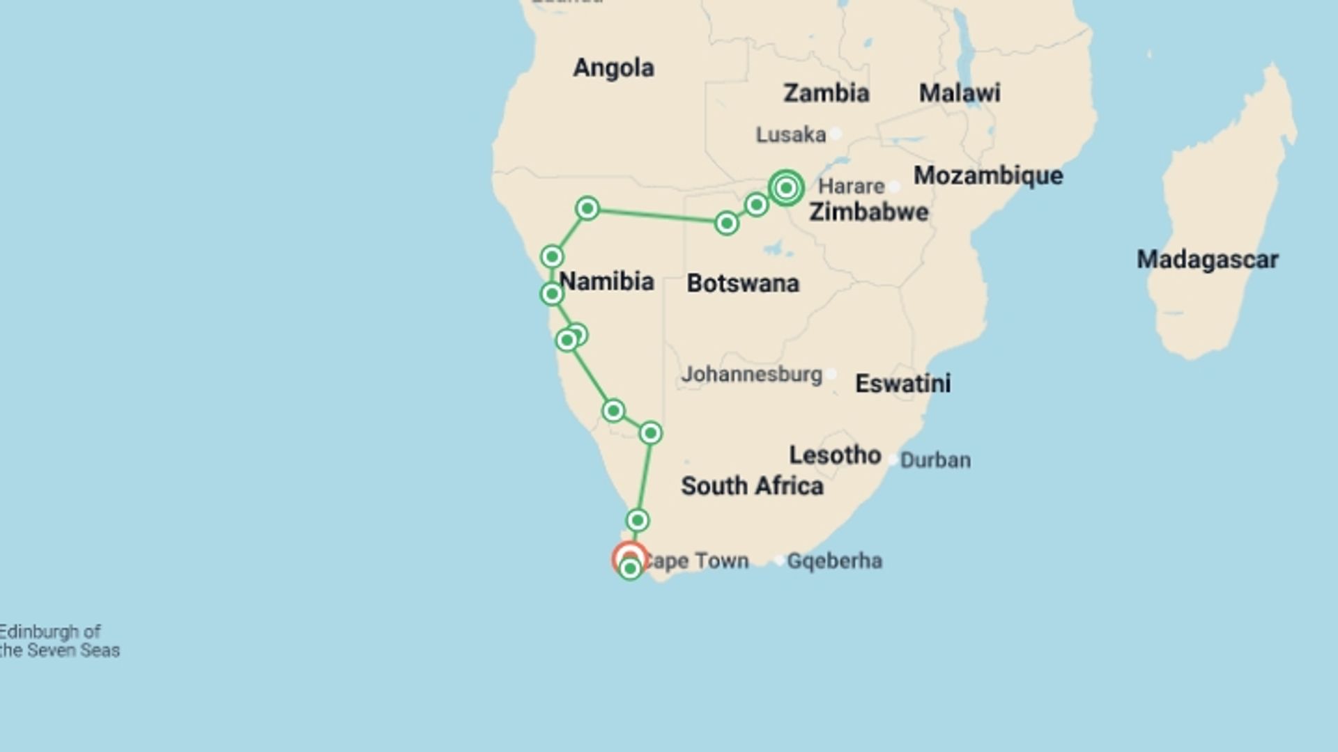 A map showing the tour itinerary for the trip: Victoria Falls to Cape Town - Camping, starting in Victoria Falls, Zimbabwe and ending in Cape Town, South Africa going through 7 other destinations.