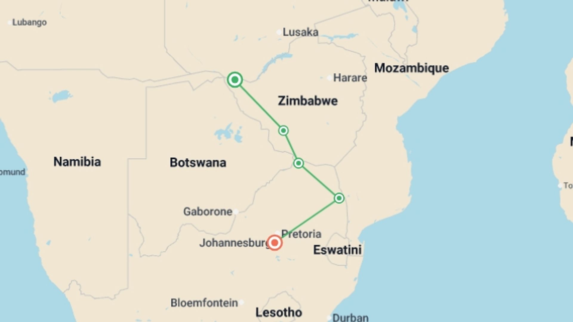 A map showing the tour itinerary for the trip: Victoria Falls to South Africa Overland Safari & Participation Camping, starting in Victoria Falls, Zimbabwe and ending in Johannesburg, South Africa going through 4 other destinations.