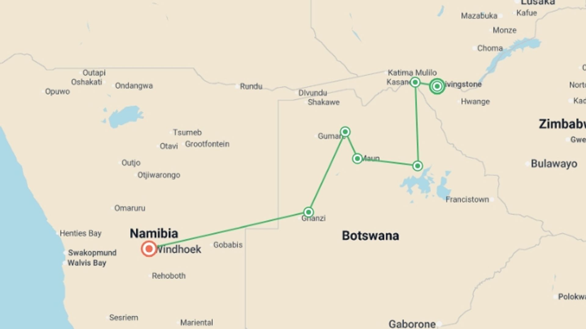 A map showing the tour itinerary for the trip: Victoria Falls to Windhoek Overland Safari & Participation Camping, starting in Victoria Falls, Zimbabwe and ending in Windhoek, Namibia going through 4 other destinations.