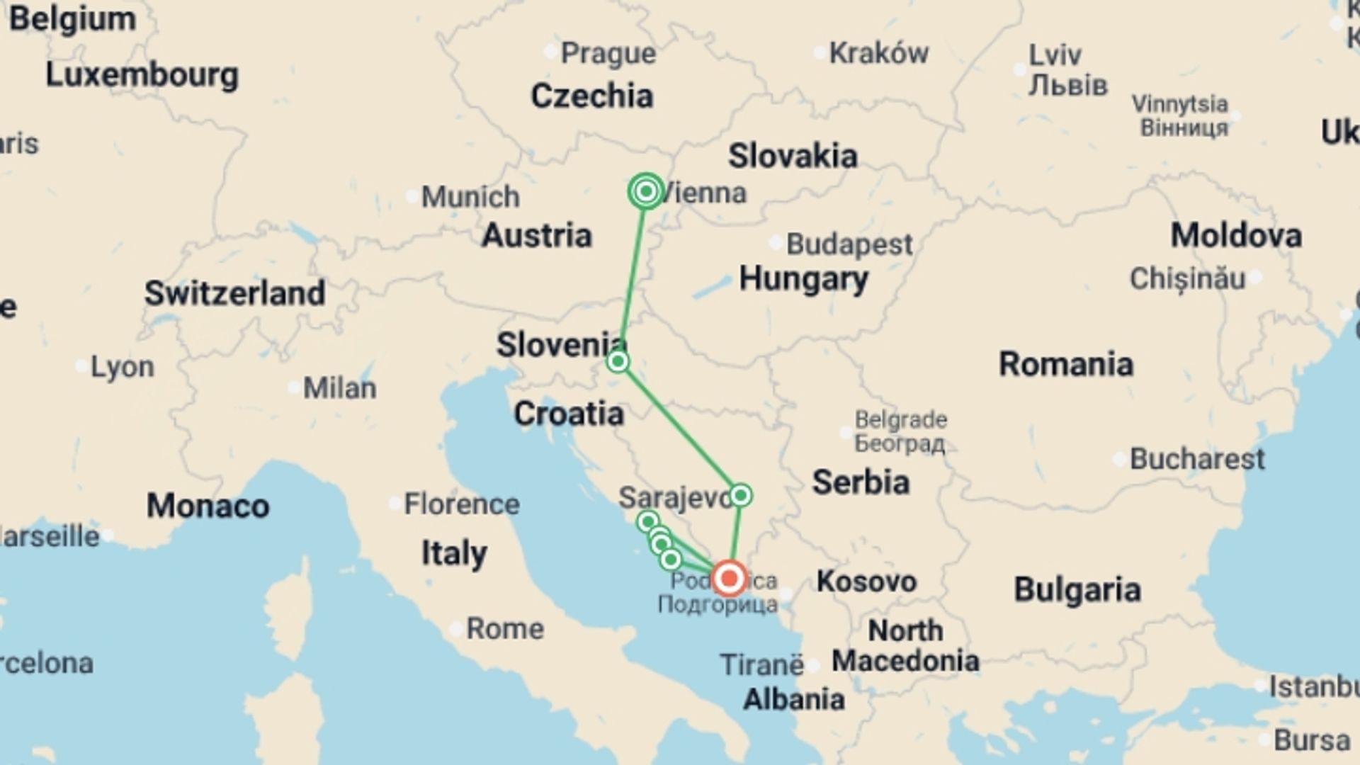 A map showing the tour itinerary for the trip: Vienna and Croatia with Islands, starting in Vienna, Austria and ending in Dubrovnik, Croatia going through 6 other destinations.