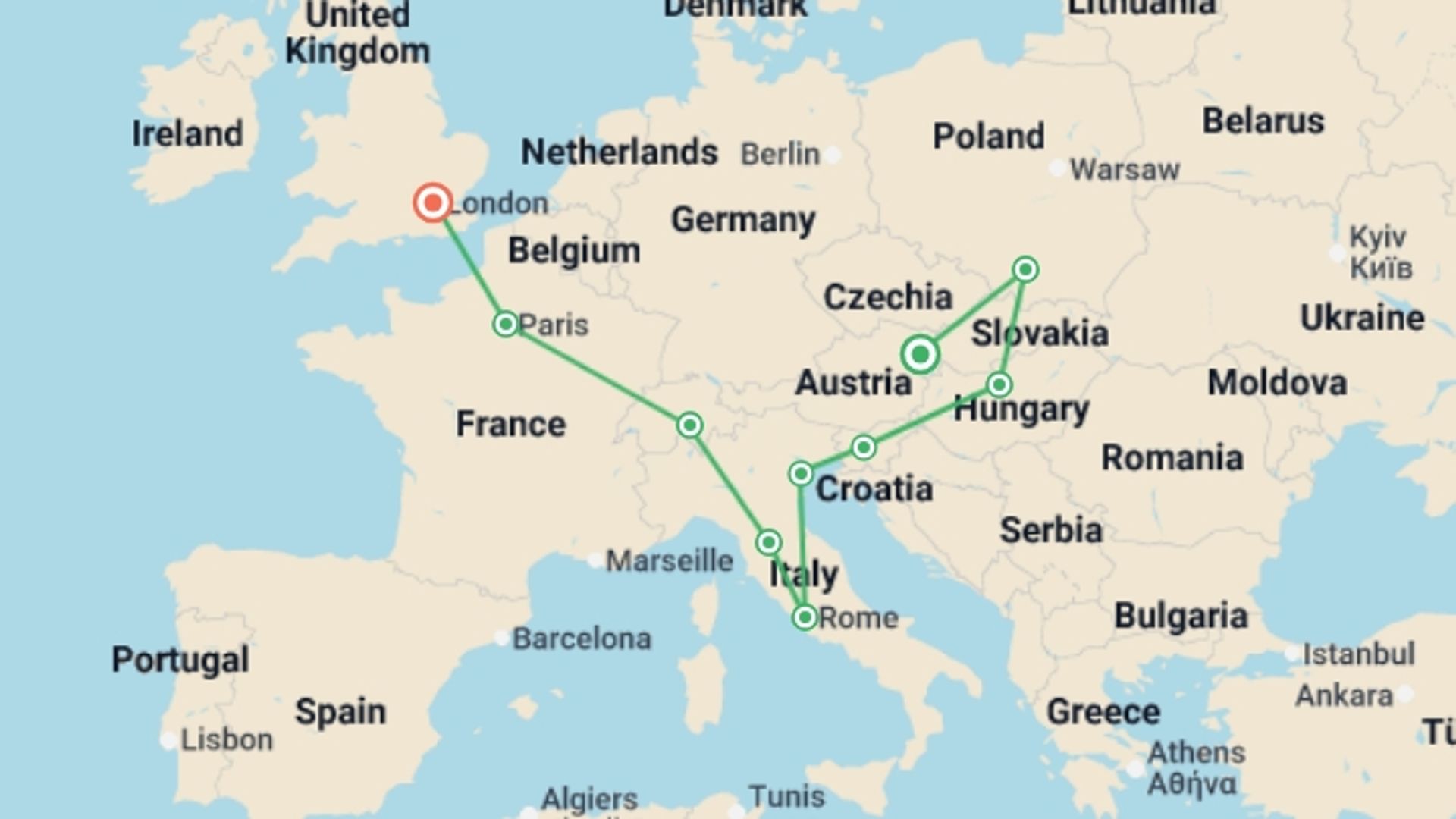 A map showing the tour itinerary for the trip: Vienna to London Trail, starting in Vienna, Austria and ending in London, England going through 10 other destinations.