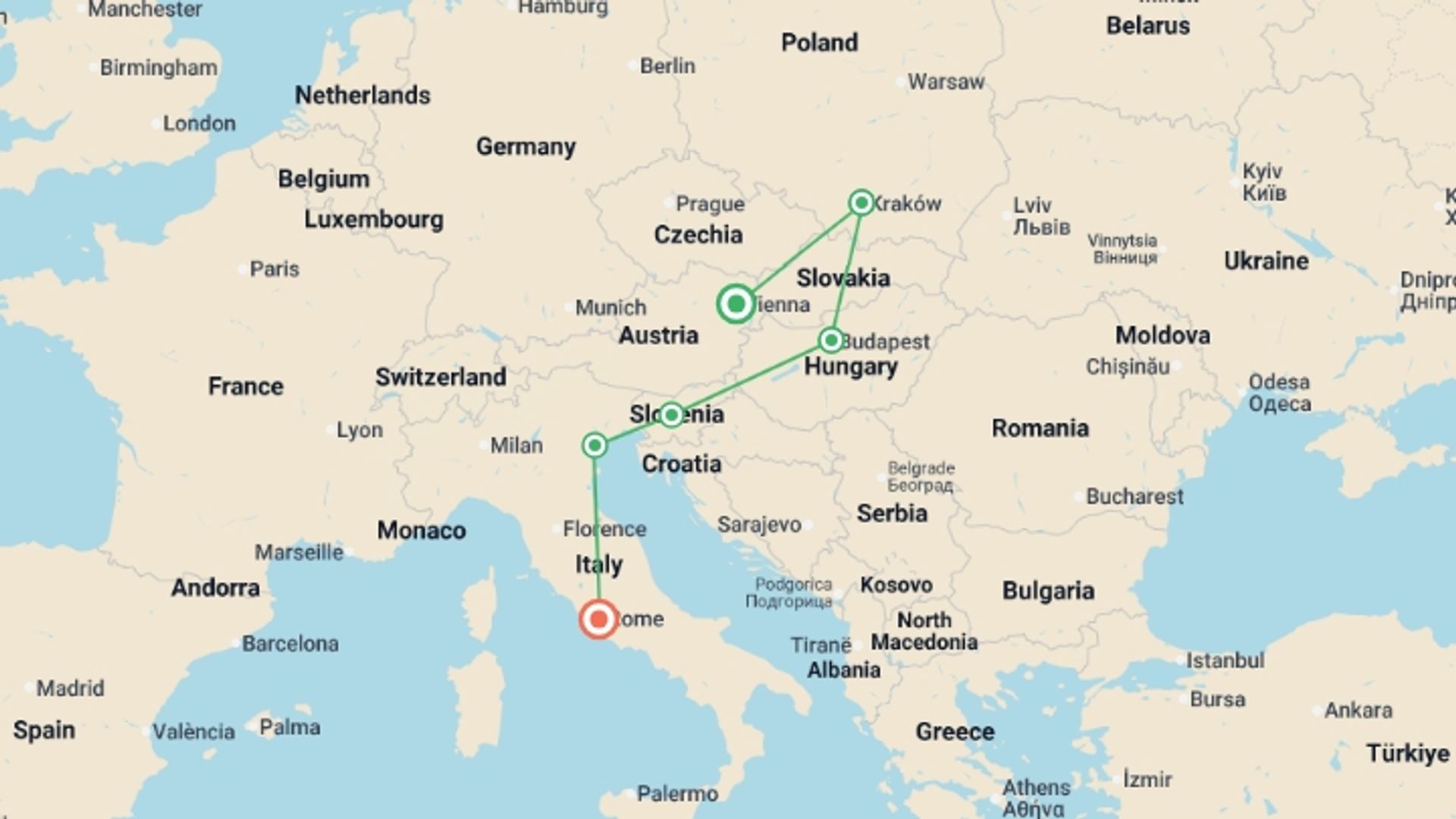 A map showing the tour itinerary for the trip: Vienna to Rome Trail, starting in Vienna, Austria and ending in Rome, Italy going through 6 other destinations.