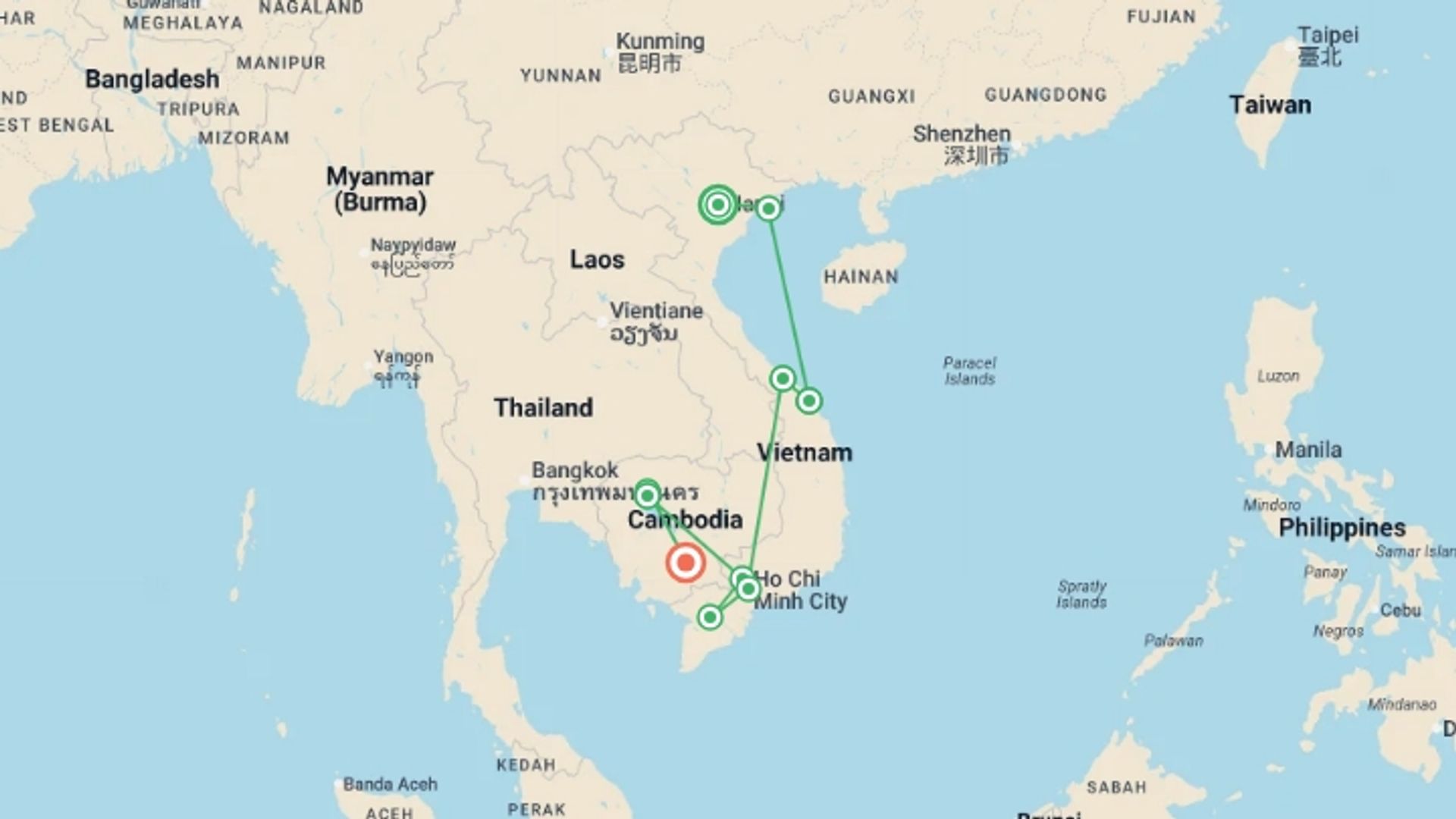 A map showing the tour itinerary for the trip: Vietnam and Cambodia Uncovered, starting in Hanoi, Vietnam and ending in Phnom Penh, Cambodia going through 8 other destinations.