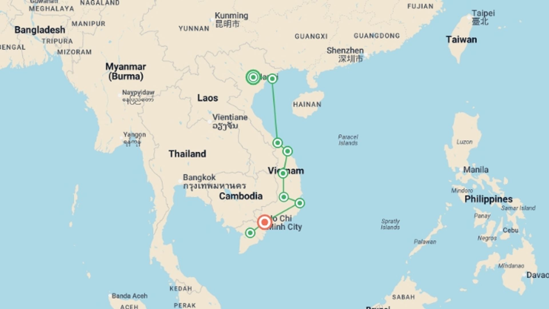 A map showing the tour itinerary for the trip: Vietnam Explorer, starting in Hanoi, Vietnam and ending in Ho Chi Minh City, Vietnam going through 7 other destinations.