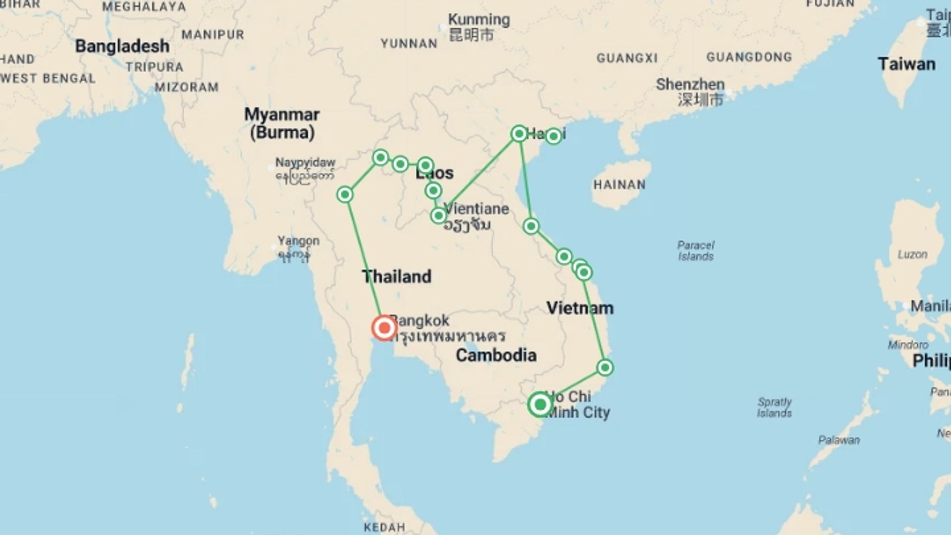 A map showing the tour itinerary for the trip: Vietnam, Laos & Thailand: Riversides & Railways, starting in Ho Chi Minh City, Vietnam and ending in Bangkok, Thailand going through 13 other destinations.