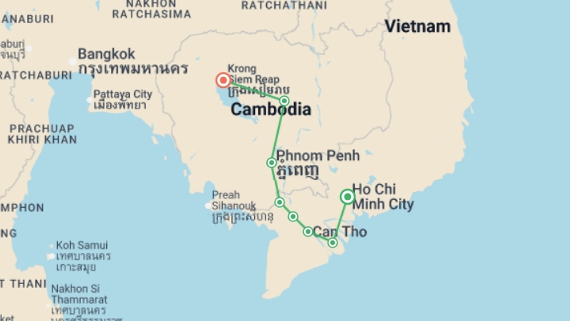 A map showing the tour itinerary for the trip: Vietnam to Cambodia Cycle: Ho Chi Minh to Angkor Wat, starting in Ho Chi Minh City, Vietnam and ending in Siem Reap, Cambodia going through 4 other destinations.