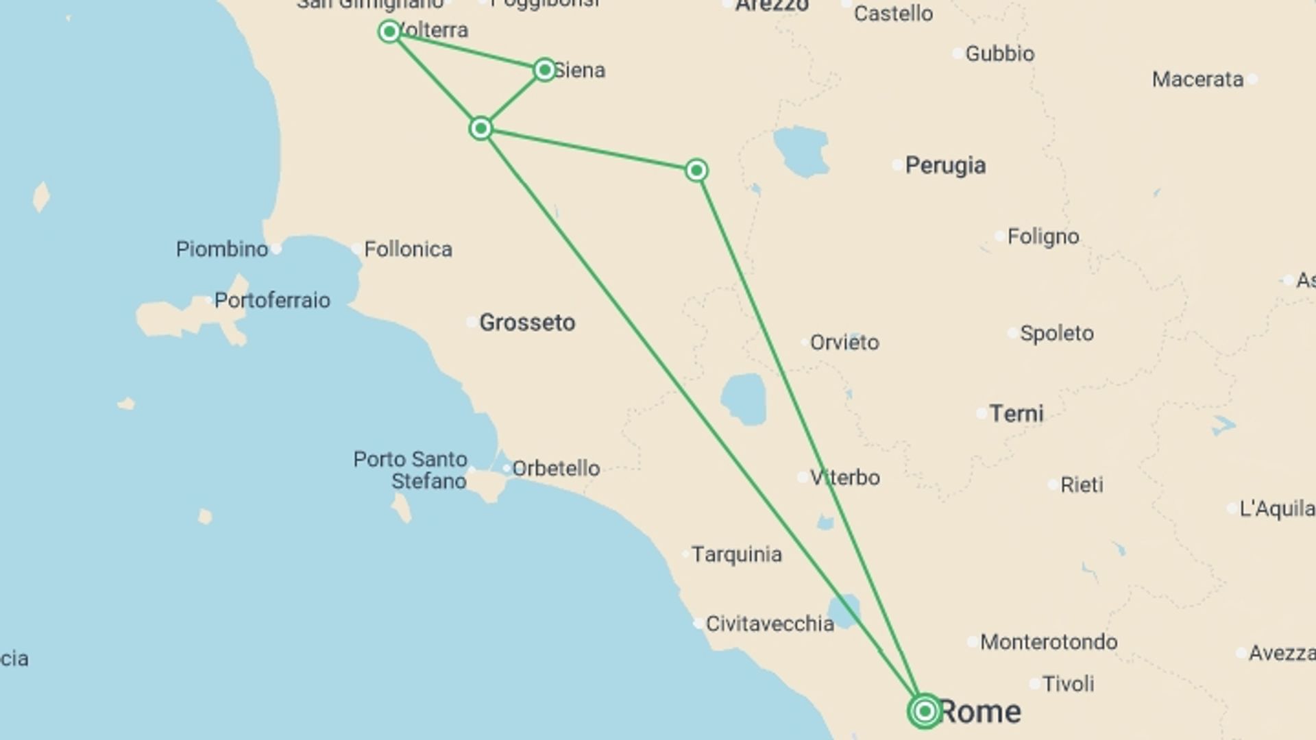 A map showing the tour itinerary for the trip: Villages of Tuscany - Small Group, starting in Rome, Italy and ending in Rome, Italy going through 5 other destinations.