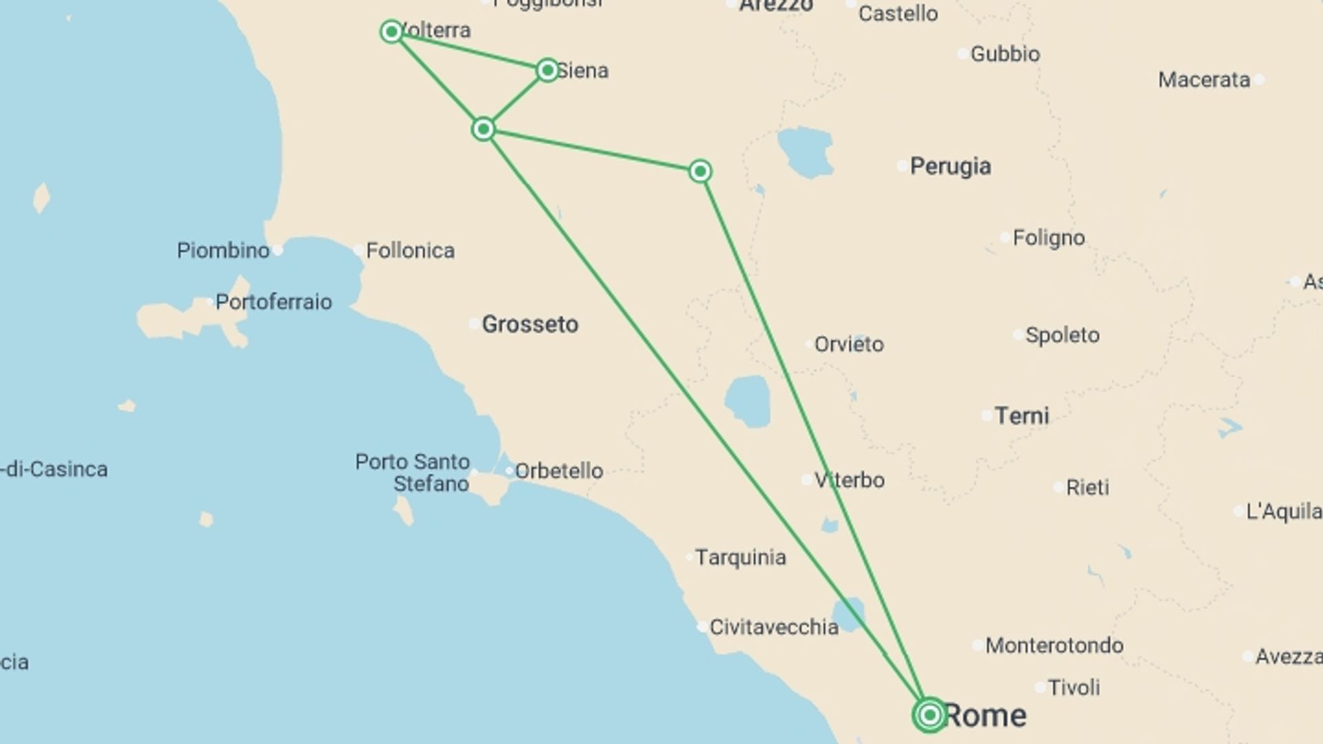 A map showing the tour itinerary for the trip: Villages of Tuscany - Small Group, starting in Rome, Italy and ending in Rome, Italy going through 5 other destinations.