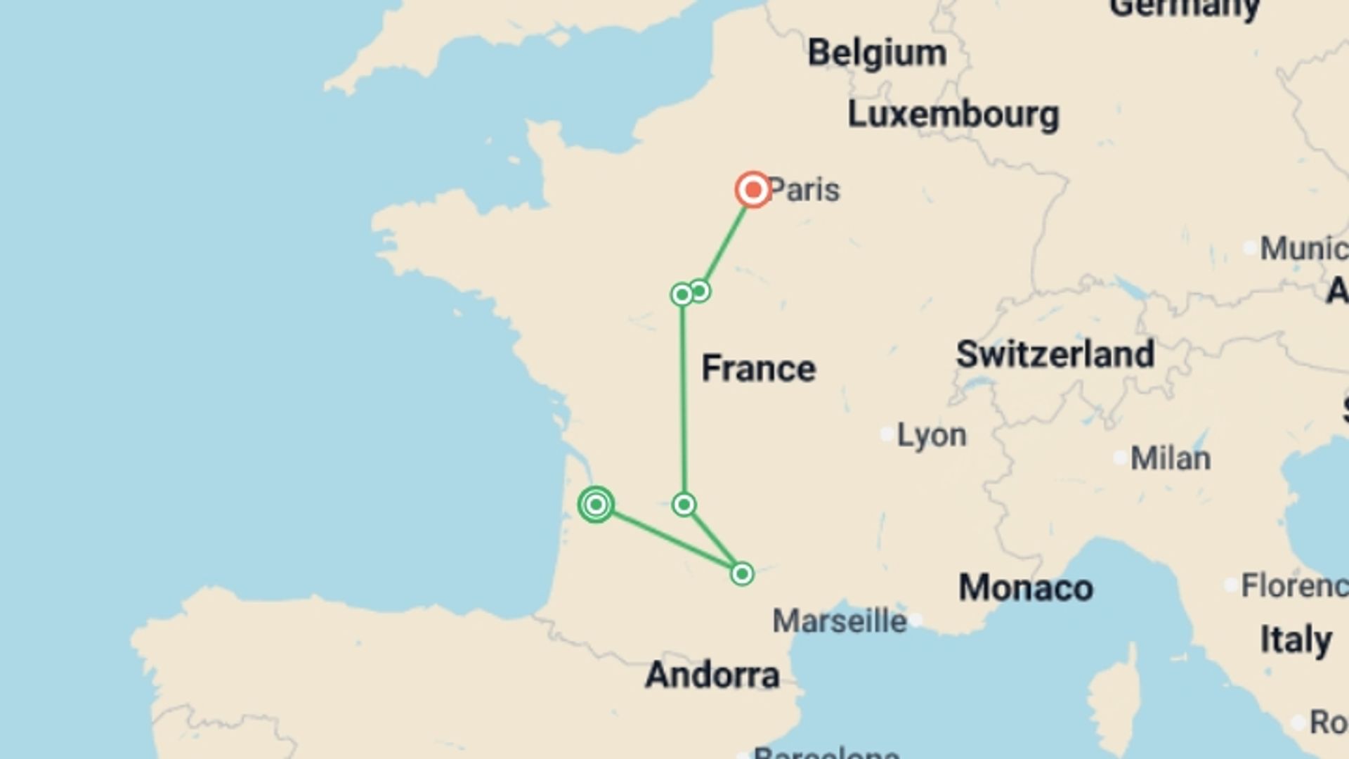 A map showing the tour itinerary for the trip: Vineyards and Valleys of France , starting in Bordeaux, France and ending in Paris, France going through 4 other destinations.