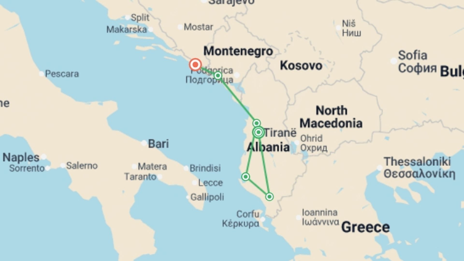 A map showing the tour itinerary for the trip: Albania and Montenegro - Small Group, starting in Tirana, Albania and ending in Dubrovnik, Croatia going through 5 other destinations.