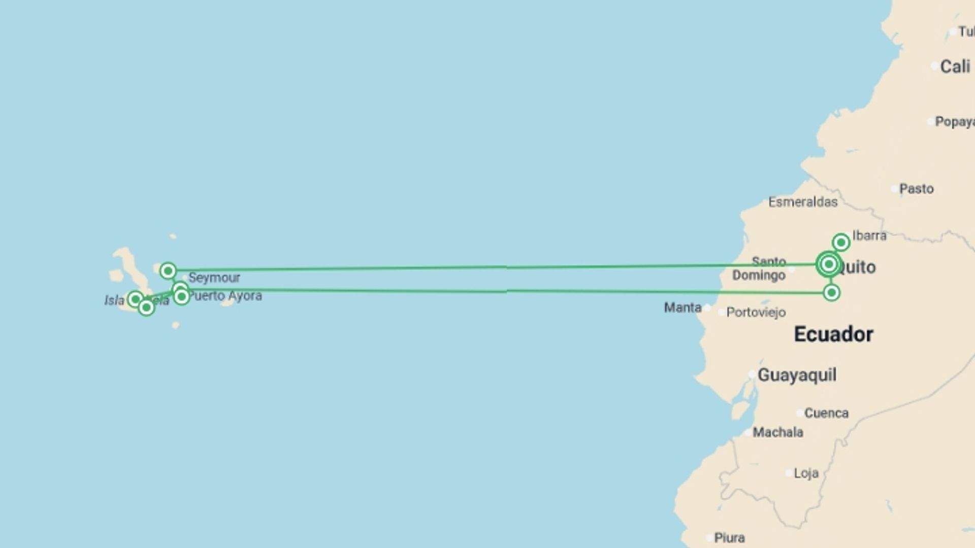 A map showing the tour itinerary for the trip: Volcanoes and Galapagos, starting in Quito, Ecuador and ending in Guayaquil, Ecuador going through 6 other destinations.