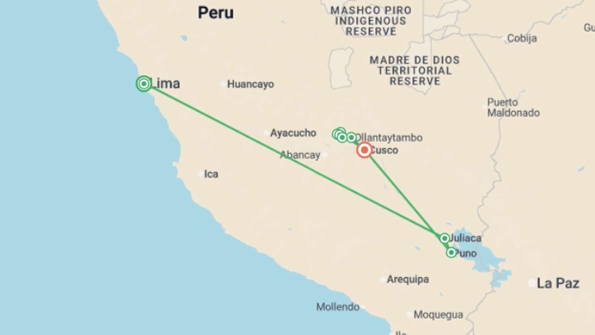 A map showing the tour itinerary for the trip: Walk Peru's Inca Trail and Palccoyo Rainbow Mountain, starting in Lima, Peru and ending in Cusco, Peru going through 4 other destinations.