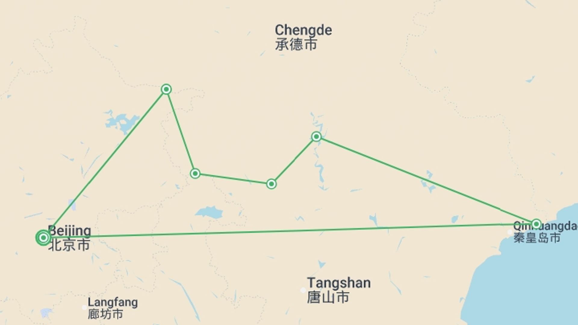 A map showing the tour itinerary for the trip: Walk the Great Wall of China, starting in Beijing, China and ending in Beijing, China going through 1 other destinations.