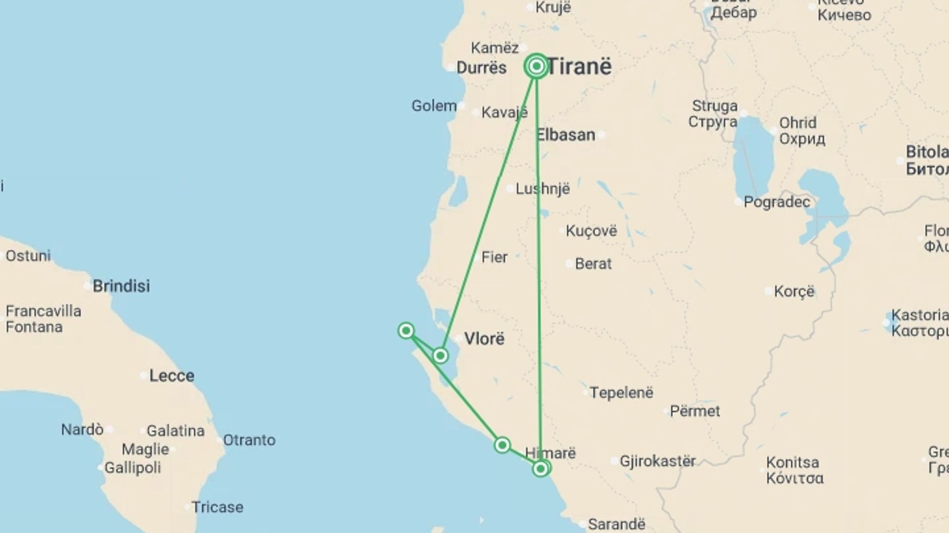 A map showing the tour itinerary for the trip: Walking Albania's Coastal Trails, starting in Tirana, Albania and ending in Tirana, Albania going through 2 other destinations.