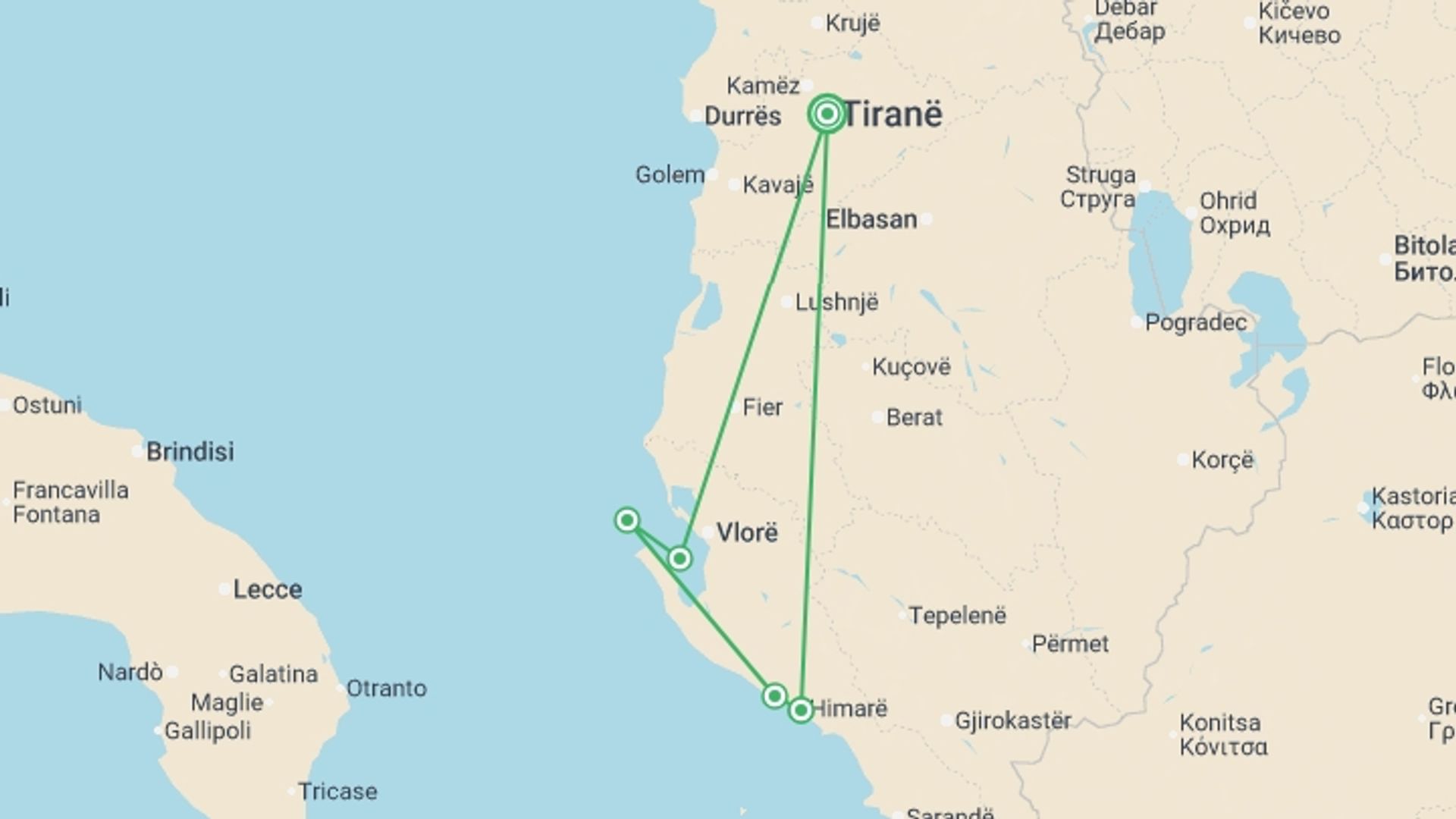 A map showing the tour itinerary for the trip: Walking Albania's Coastal Trails, starting in Tirana, Albania and ending in Tirana, Albania going through 2 other destinations.