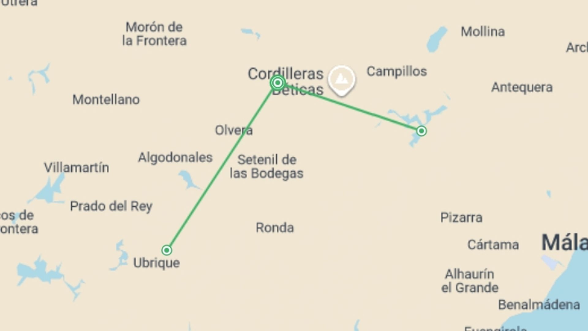 A map showing the tour itinerary for the trip: Walking in Andalucia, starting in Algamitas, Spain and ending in Algamitas, Spain going through 2 other destinations.