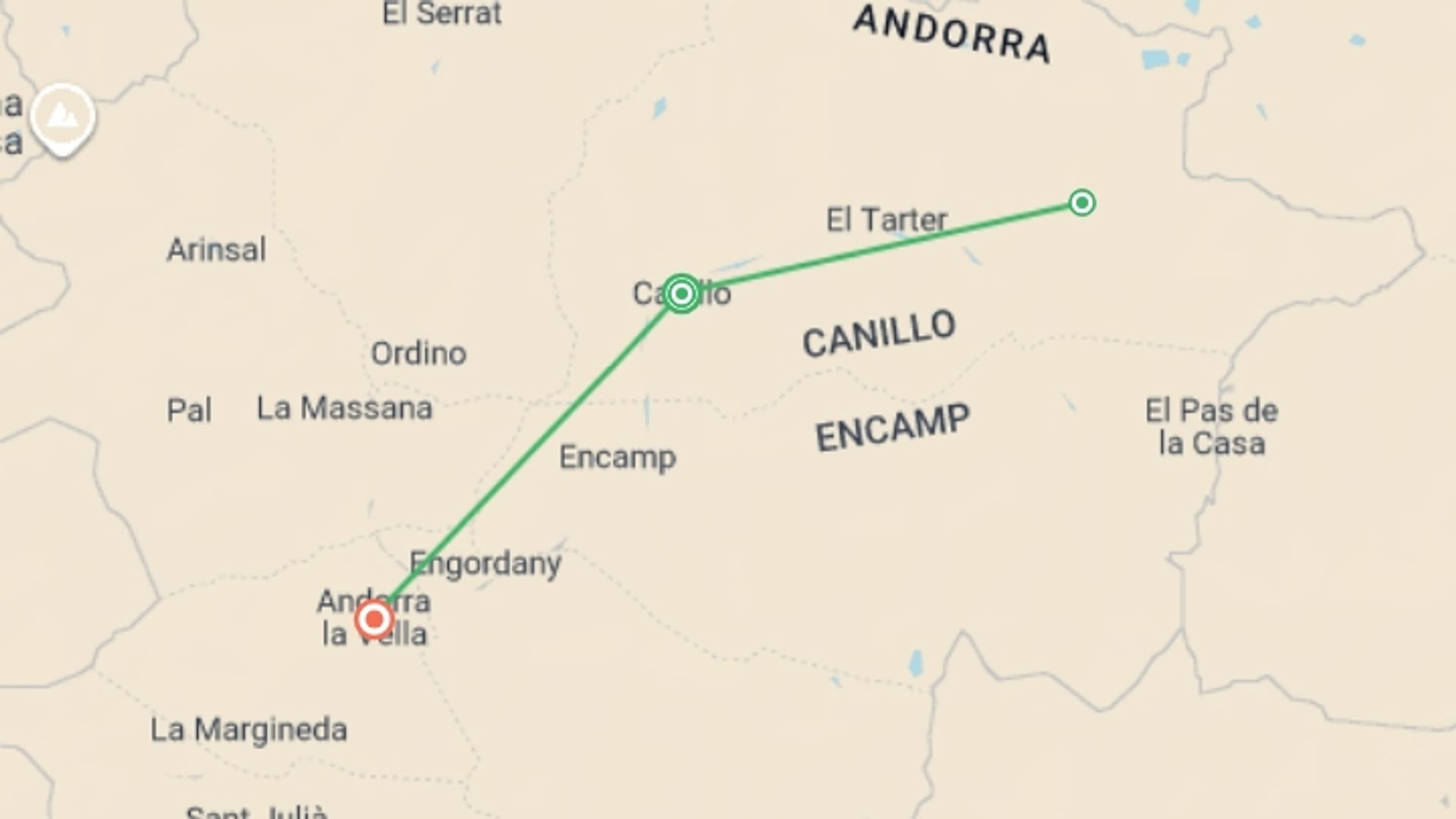 A map showing the tour itinerary for the trip: Walking in Andorra, starting in Andorra La Vella, Andorra and ending in Andorra La Vella, Andorra going through 1 other destinations.