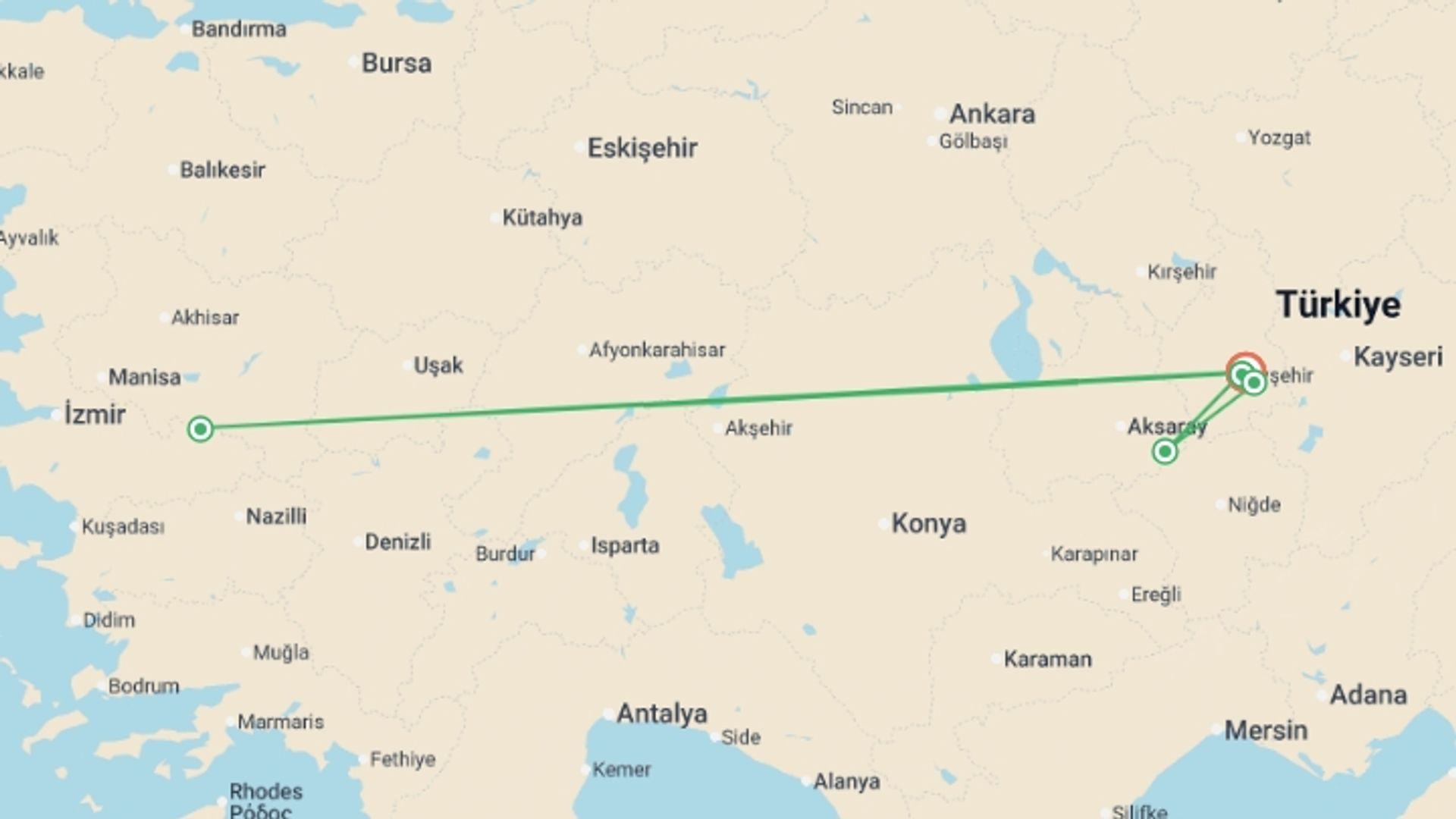 A map showing the tour itinerary for the trip: Walking in Cappadocia, starting in Goreme, Turkey and ending in Goreme, Turkey going through 2 other destinations.