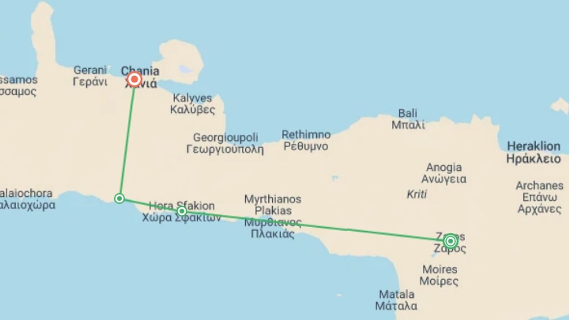 A map showing the tour itinerary for the trip: Walking in Crete, starting in Chania, Greece and ending in Chania, Greece going through 2 other destinations.