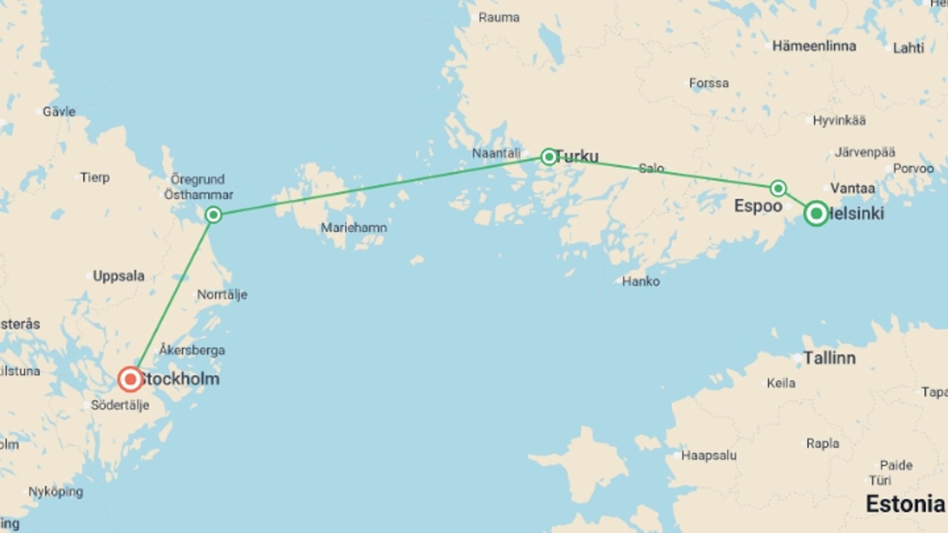 A map showing the tour itinerary for the trip: Walking in Finland and Sweden, starting in Helsinki, Finland and ending in Stockholm, Sweden going through 4 other destinations.