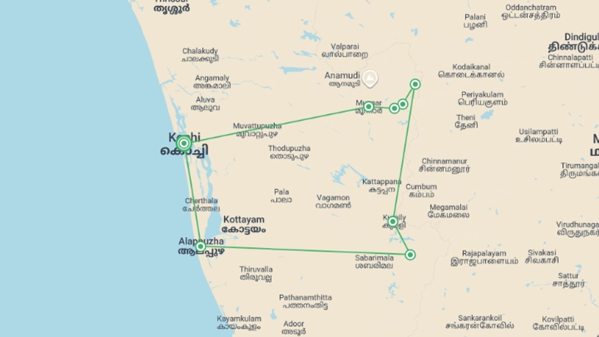 A map showing the tour itinerary for the trip: Walking in Kerala, starting in India and ending in India going through 3 other destinations.