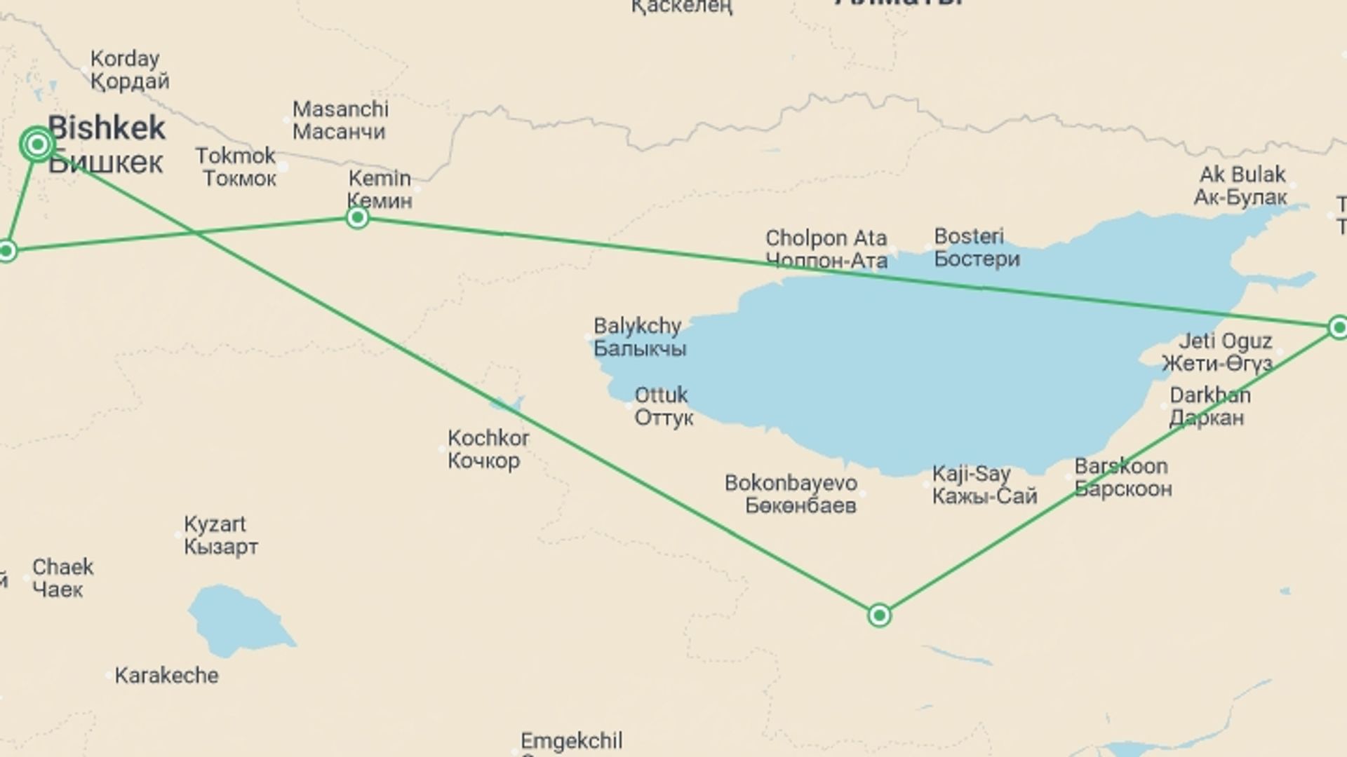 A map showing the tour itinerary for the trip: Walking in Kyrgyzstan, starting in Bishkek, Kyrgyzstan and ending in Bishkek, Kyrgyzstan going through 1 other destinations.