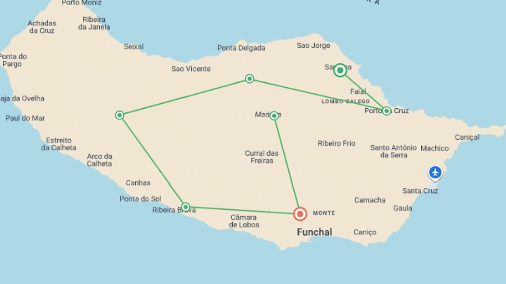 A map showing the tour itinerary for the trip: Walking in Madeira, starting in Madeira, Portugal and ending in Funchal, Portugal going through 4 other destinations.