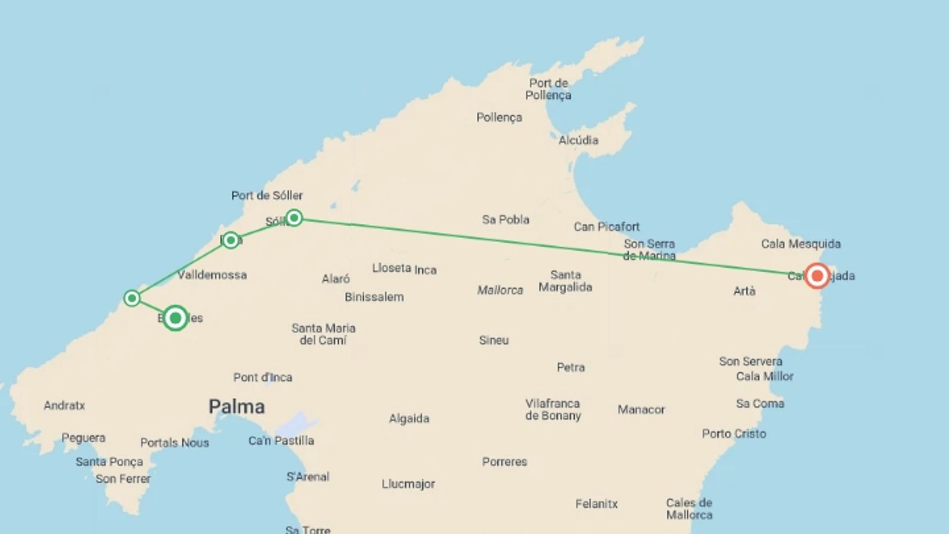 A map showing the tour itinerary for the trip: Walking in Mallorca, starting in Majorca, Spain and ending in Spain going through 2 other destinations.