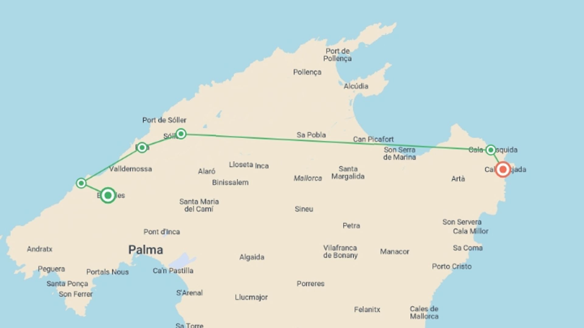 A map showing the tour itinerary for the trip: Walking in Mallorca, starting in Majorca, Spain and ending in Spain going through 2 other destinations.