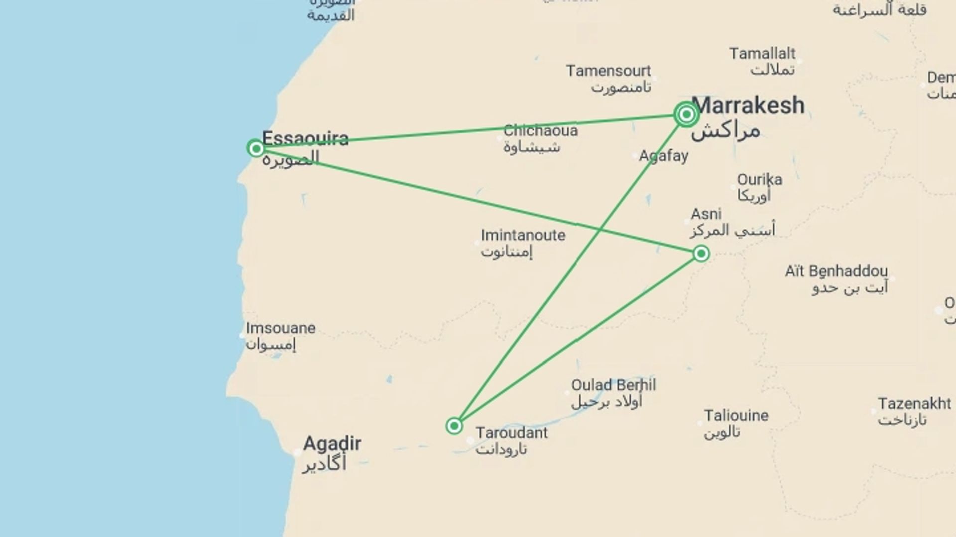 A map showing the tour itinerary for the trip: Walking in Morocco - Atlas to Atlantic, starting in Marrakech, Morocco and ending in Marrakech, Morocco going through 3 other destinations.