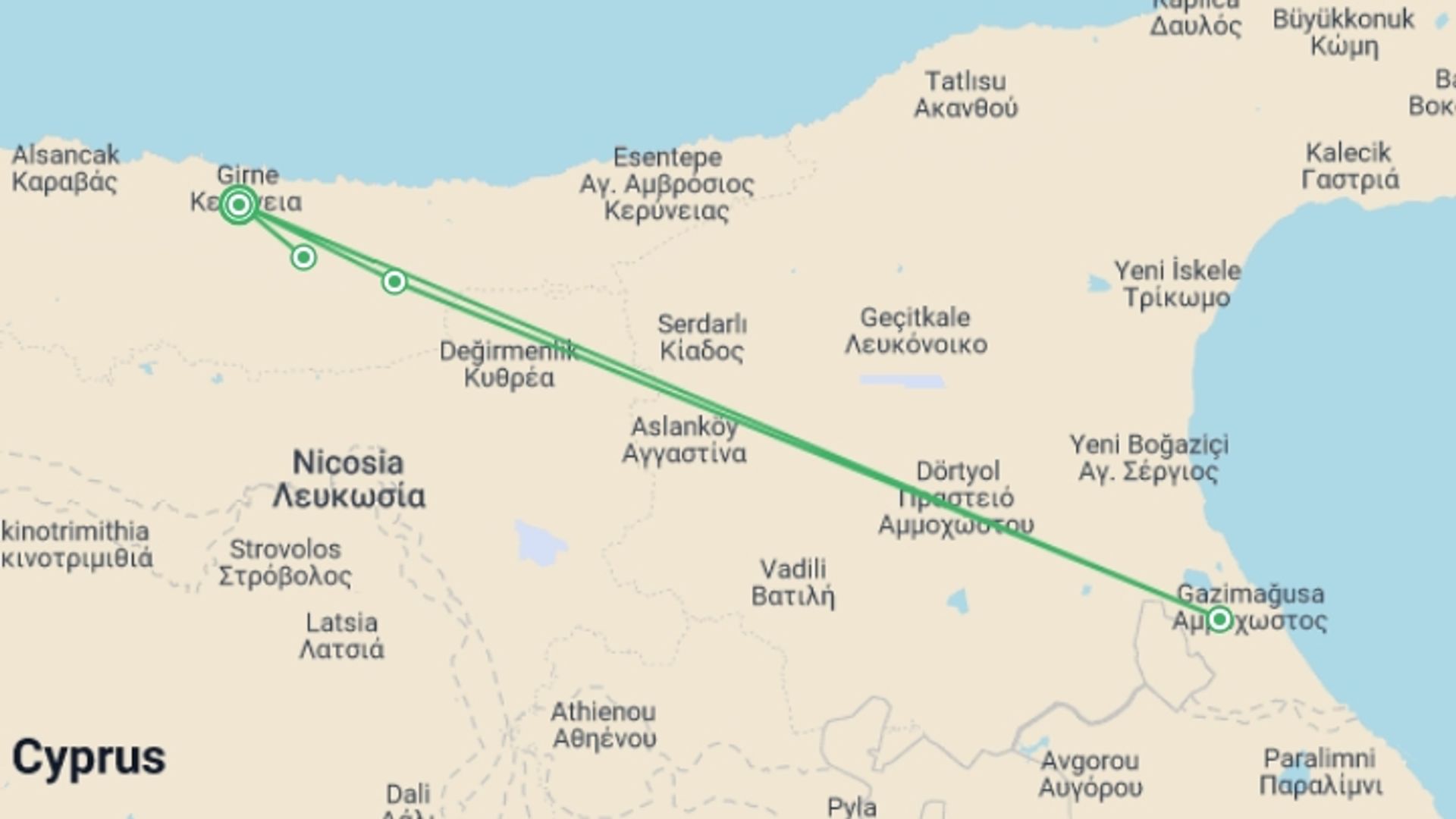A map showing the tour itinerary for the trip: Walking in Northern Cyprus, starting in Kyrenia, Cyprus and ending in Kyrenia, Cyprus going through 3 other destinations.