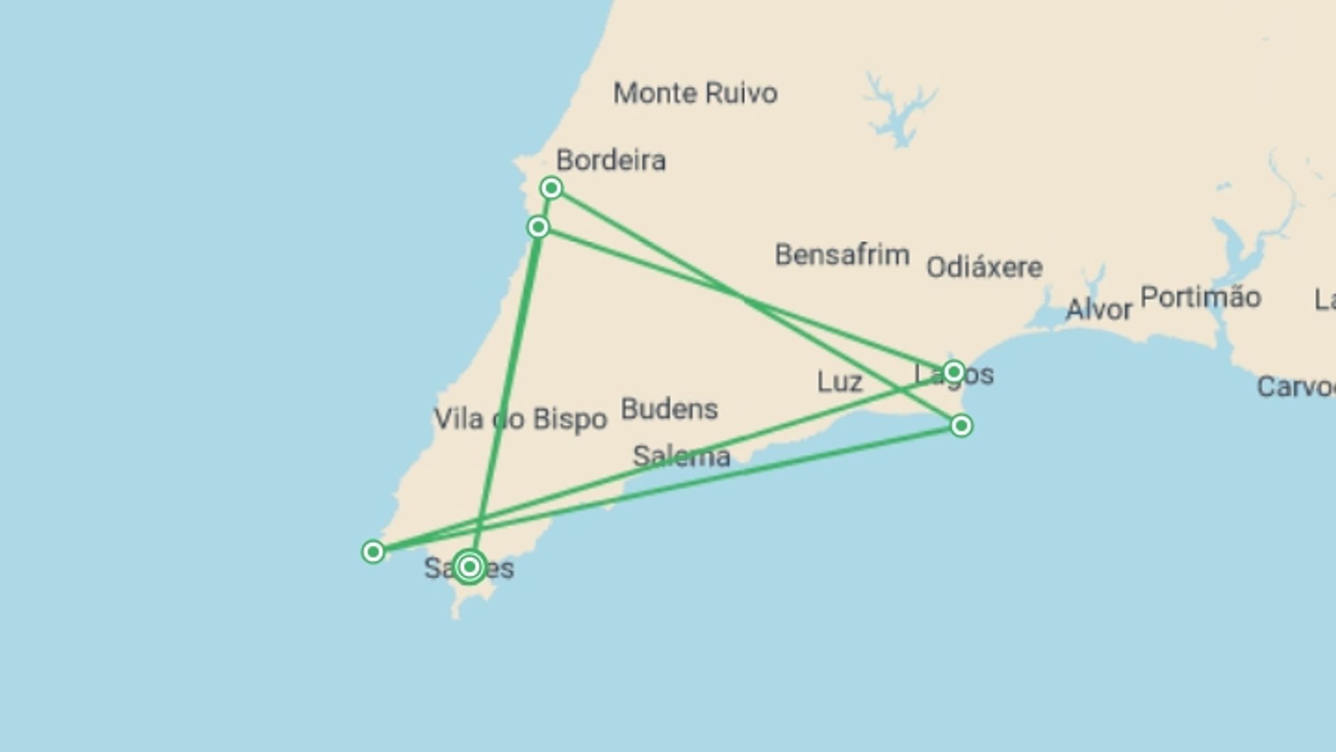 A map showing the tour itinerary for the trip: Walking in Portugal - Remote Coastal Trails, starting in Sagres, Portugal and ending in Faro, Portugal going through 2 other destinations.