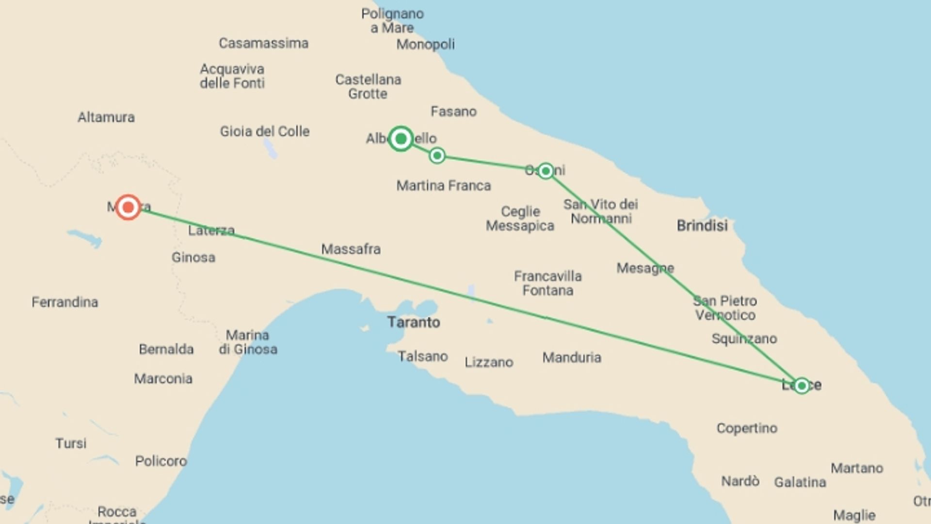 A map showing the tour itinerary for the trip: Walking in Puglia & Matera, starting in Alberobello, Italy and ending in Matera, Italy going through 3 other destinations.