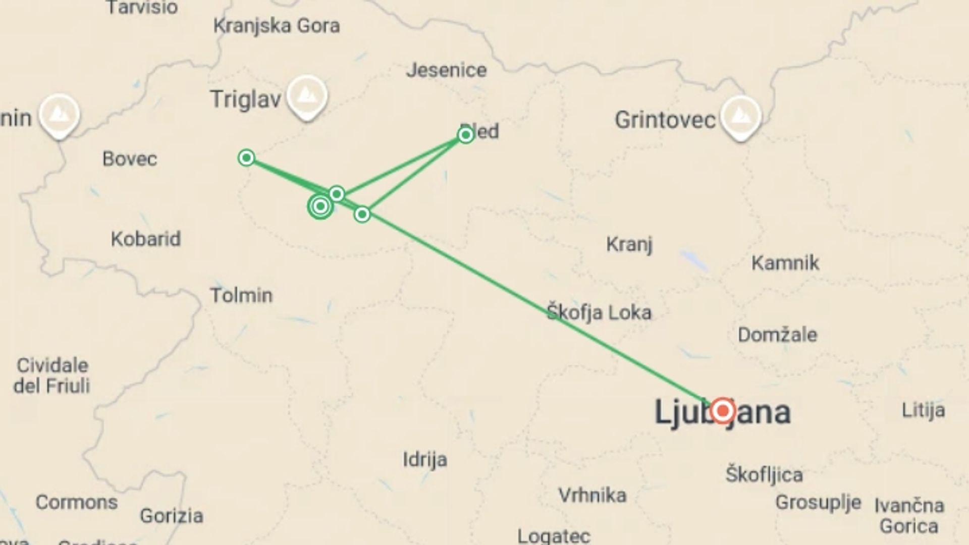 A map showing the tour itinerary for the trip: Walking in Slovenia, starting in Ljubljana, Slovenia and ending in Ljubljana, Slovenia going through 2 other destinations.