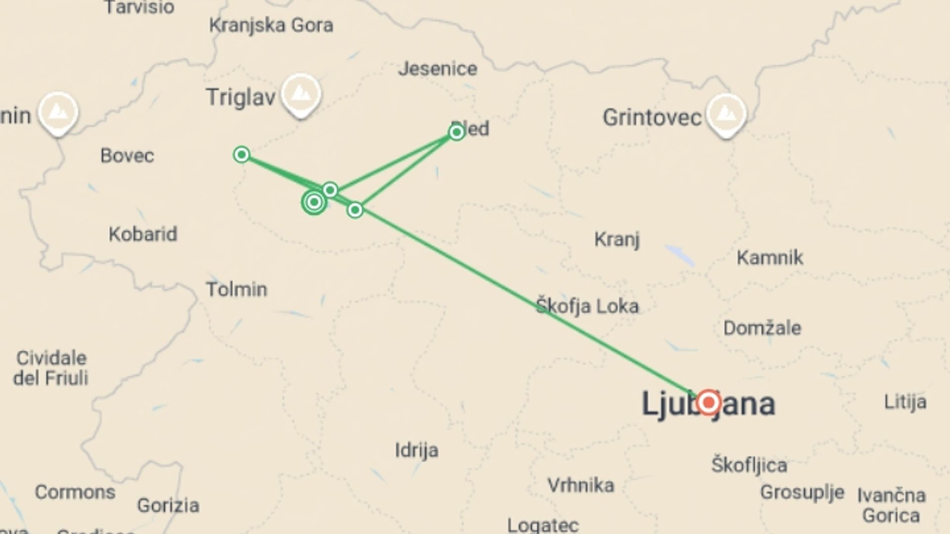 A map showing the tour itinerary for the trip: Walking in Slovenia, starting in Ljubljana, Slovenia and ending in Ljubljana, Slovenia going through 2 other destinations.