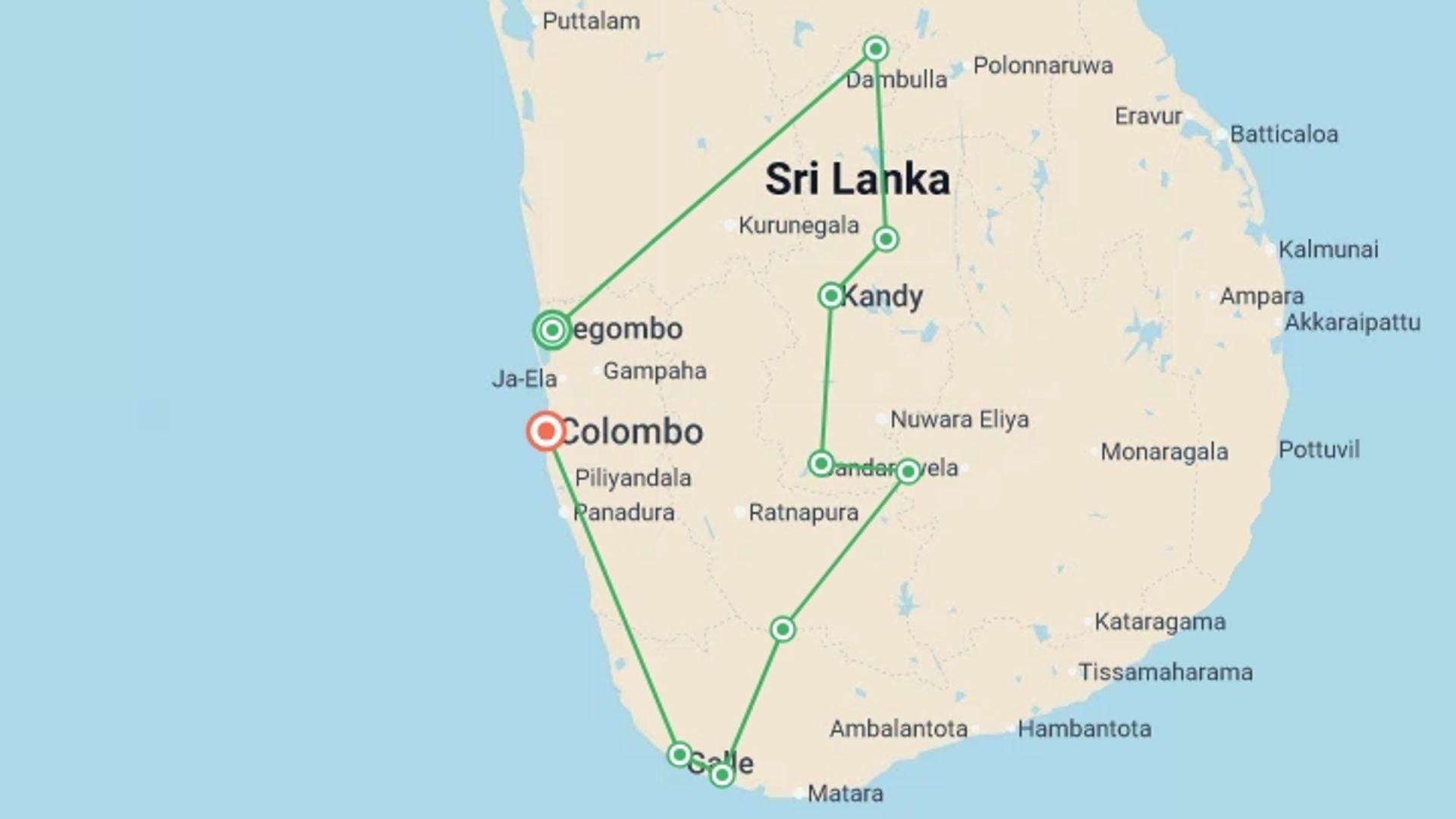 A map showing the tour itinerary for the trip: Walking in Sri Lanka, starting in Negombo, Sri Lanka and ending in Colombo, Sri Lanka going through 6 other destinations.