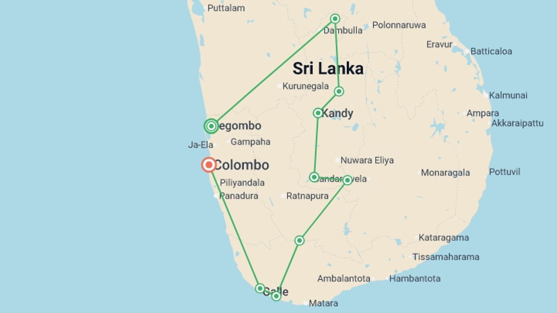 A map showing the tour itinerary for the trip: Walking in Sri Lanka, starting in Negombo, Sri Lanka and ending in Colombo, Sri Lanka going through 6 other destinations.