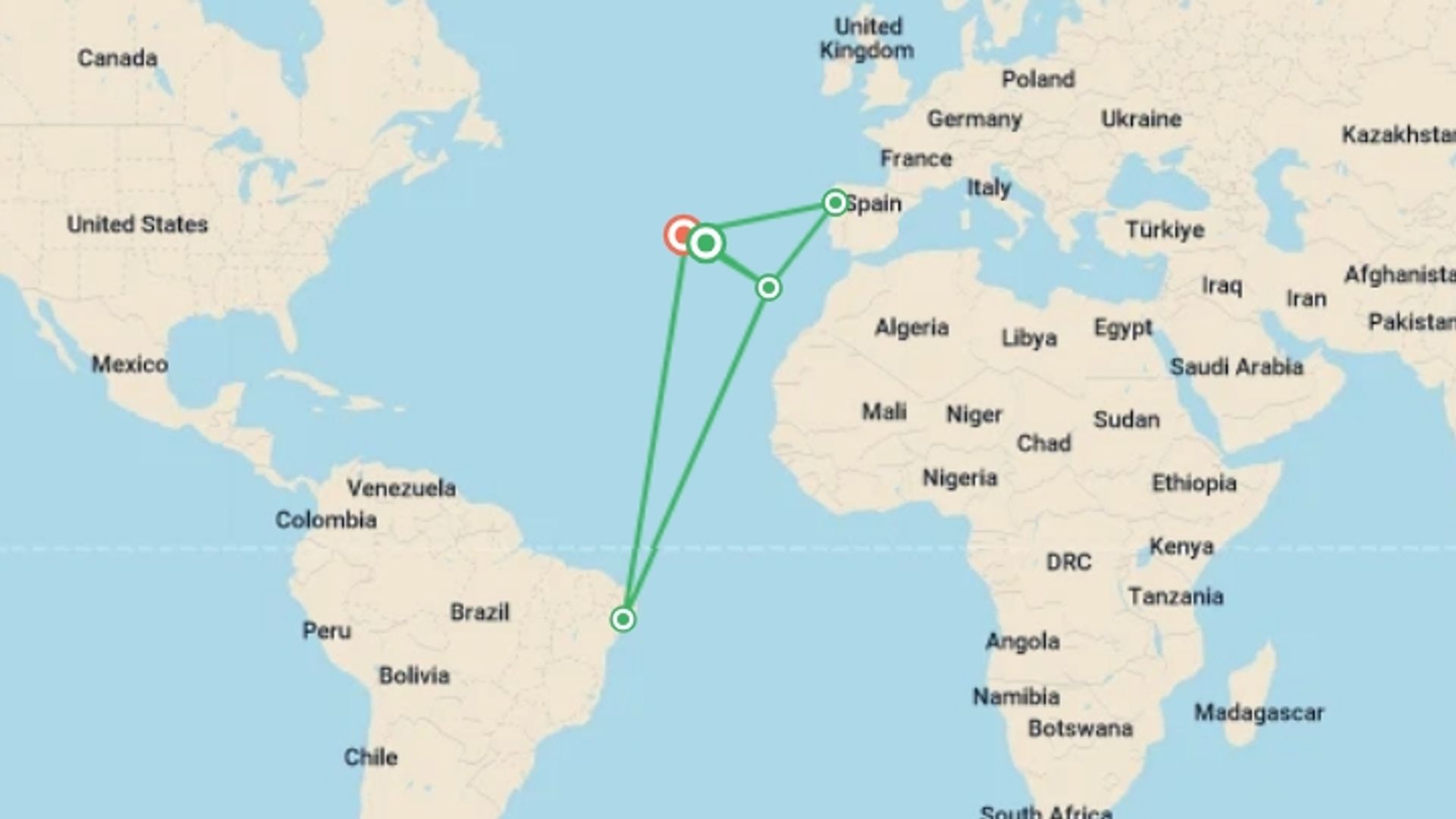 A map showing the tour itinerary for the trip: Walking in the Azores, starting in Ponta delgada, Portugal and ending in Azores, Portugal going through 3 other destinations.