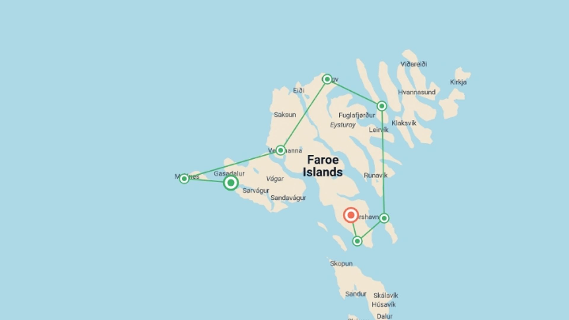 A map showing the tour itinerary for the trip: Walking in the Faroe Islands, starting in Vagar, Denmark and ending in Denmark going through 1 other destinations.
