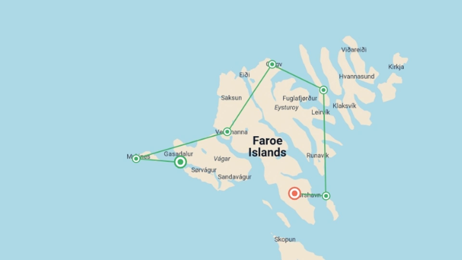 A map showing the tour itinerary for the trip: Walking in the Faroe Islands, starting in Vagar, Denmark and ending in Denmark going through 1 other destinations.