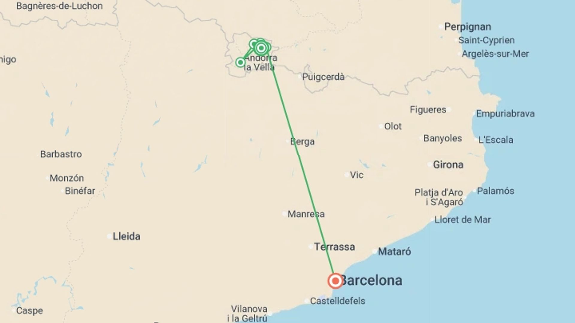 A map showing the tour itinerary for the trip: Walking in the Pyrenees, starting in Barcelona, Spain and ending in Barcelona, Spain going through 3 other destinations.