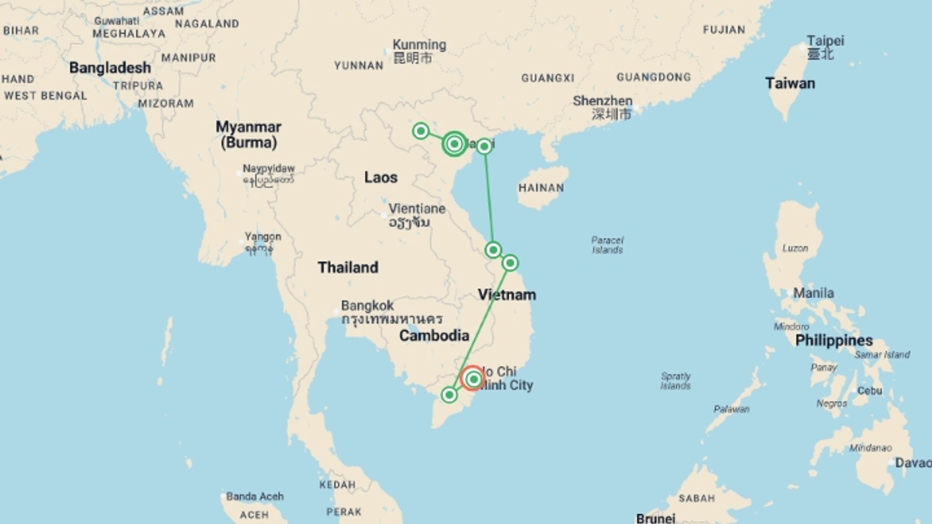 A map showing the tour itinerary for the trip: Walking in Vietnam, starting in Hanoi, Vietnam and ending in Ho Chi Minh City, Vietnam going through 6 other destinations.