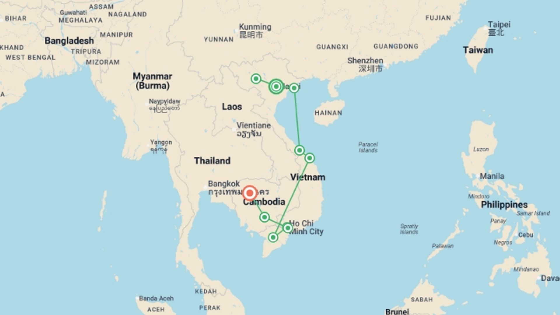 A map showing the tour itinerary for the trip: Walking in Vietnam + Cambodia Highlights, starting in Hanoi, Vietnam and ending in Siem Reap, Cambodia going through 8 other destinations.