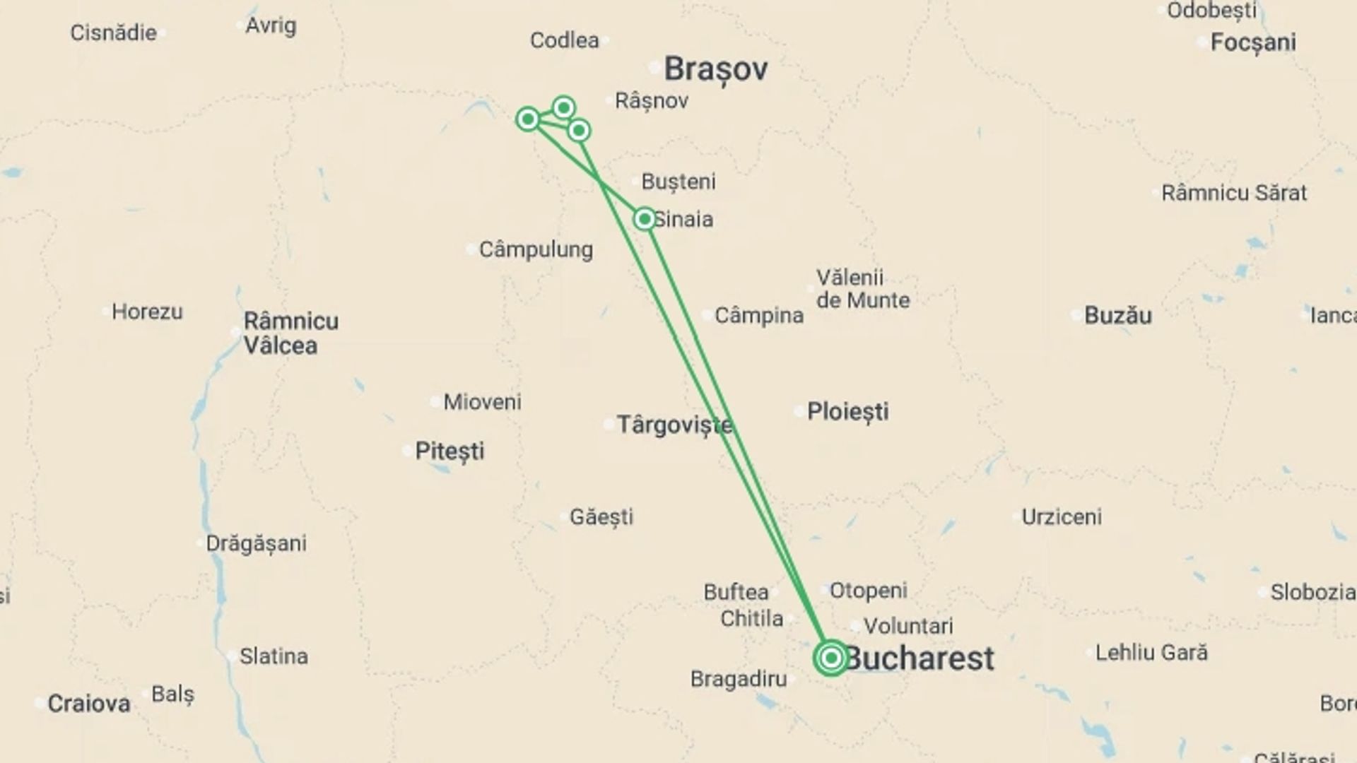 A map showing the tour itinerary for the trip: Walking Romania - Transylvanian Alps Trek, starting in Bucharest, Romania and ending in Bucharest, Romania going through 2 other destinations.