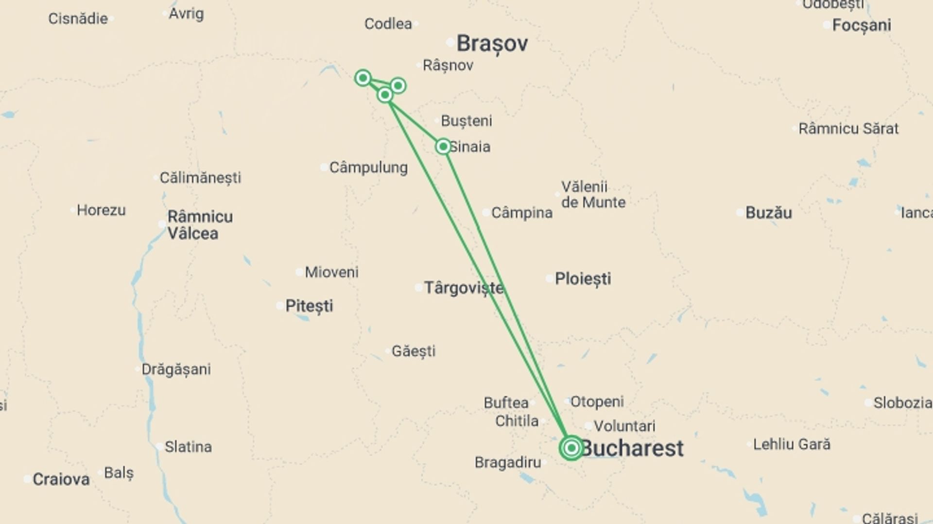 A map showing the tour itinerary for the trip: Walking Romania - Transylvanian Alps Trek, starting in Bucharest, Romania and ending in Bucharest, Romania going through 2 other destinations.