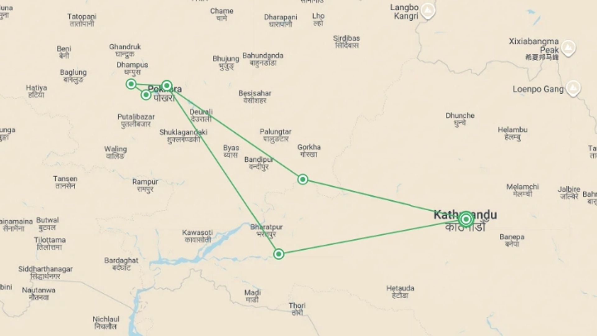 A map showing the tour itinerary for the trip: Walking the Annapurna Foothills, starting in Kathmandu, Nepal and ending in Kathmandu, Nepal going through 3 other destinations.