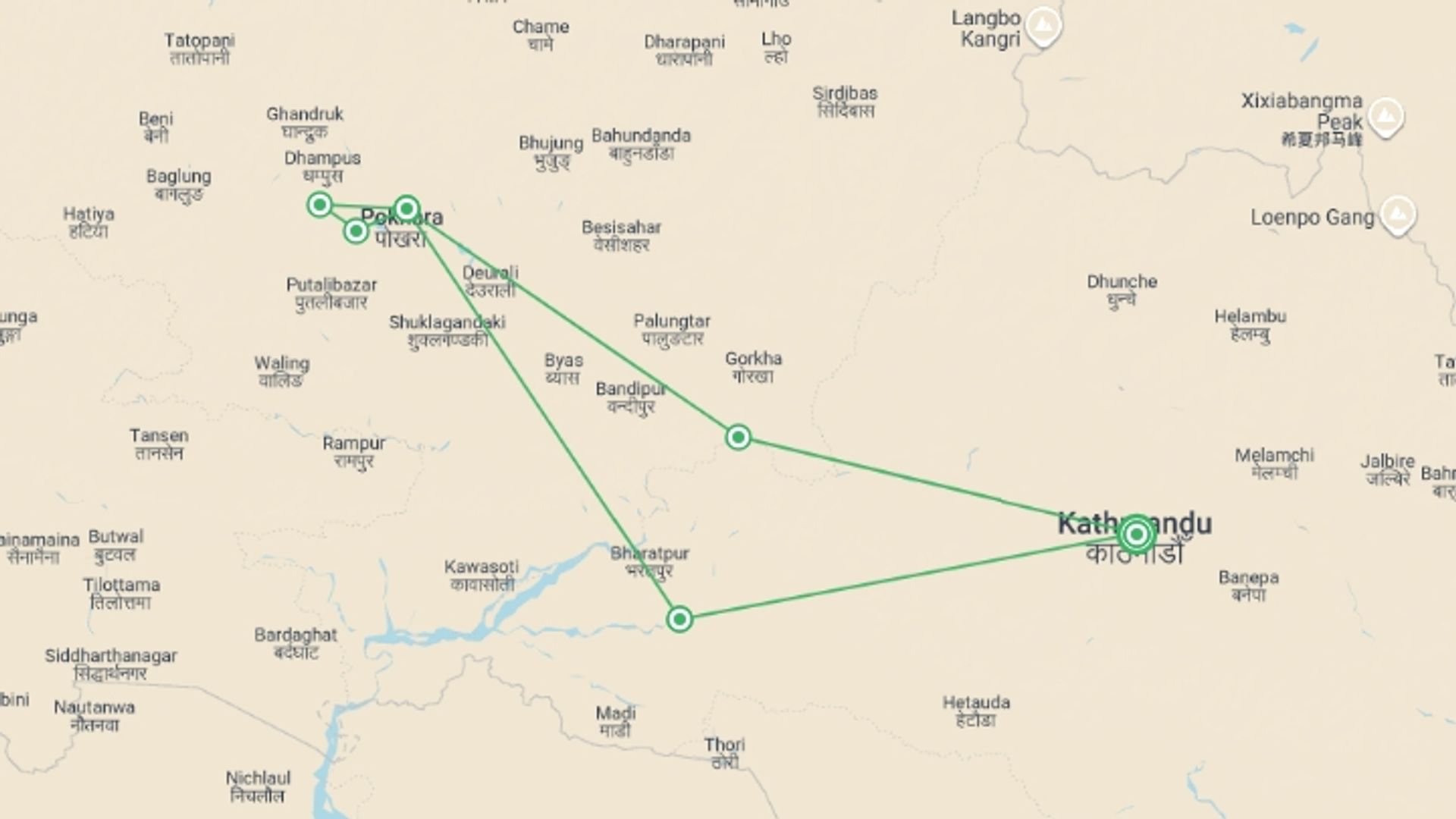 A map showing the tour itinerary for the trip: Walking the Annapurna Foothills, starting in Kathmandu, Nepal and ending in Kathmandu, Nepal going through 3 other destinations.